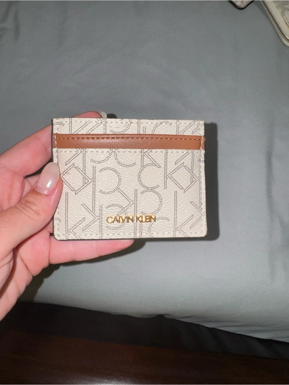 Calvin Klein Cream Monogram Card Case with Brown Trim